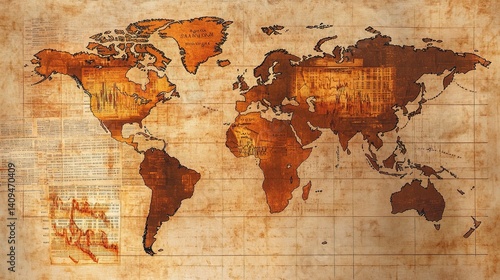 World Financial Map with Stock Market Data and Vintage Style Design