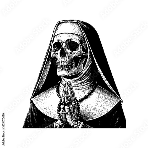 Monochrome illustration of a skull in a nun's habit, evoking dark themes