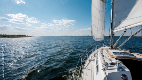 View of sailboat on water with sails up under a blue sky on a sunny day sailing on the open water