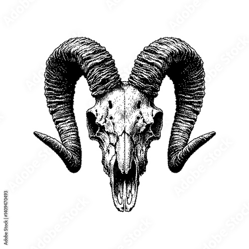 Detailed illustration of a ram skull with prominent curved horns