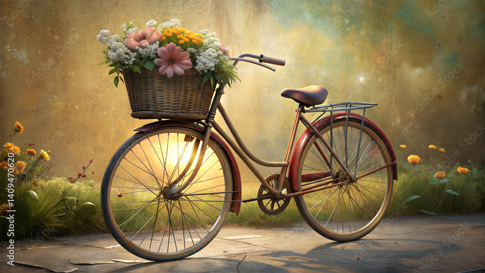 Fototapeta premium Charming Bicycle With Flower Basket On Sunlit Street Evokes A Whimsical Spring Day