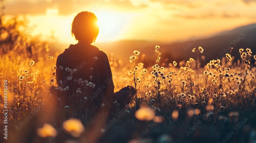 Silhouette Of Person Meditating In Golden Field At Sunset With Warm Light