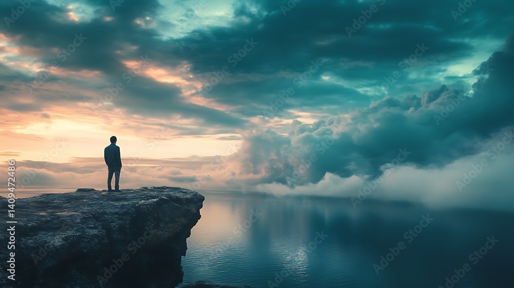 Silhouette Of Person Standing On Cliff Overlooking Ocean Under Cloudy Sky