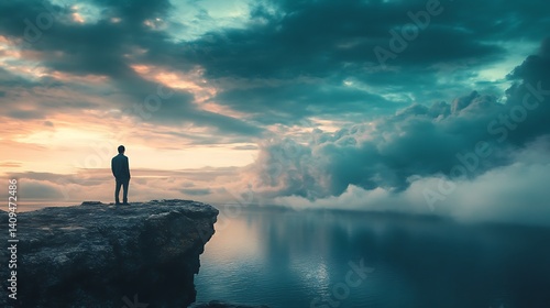 Obraz na płótnie Silhouette Of Person Standing On Cliff Overlooking Ocean Under Cloudy Sky w salonie