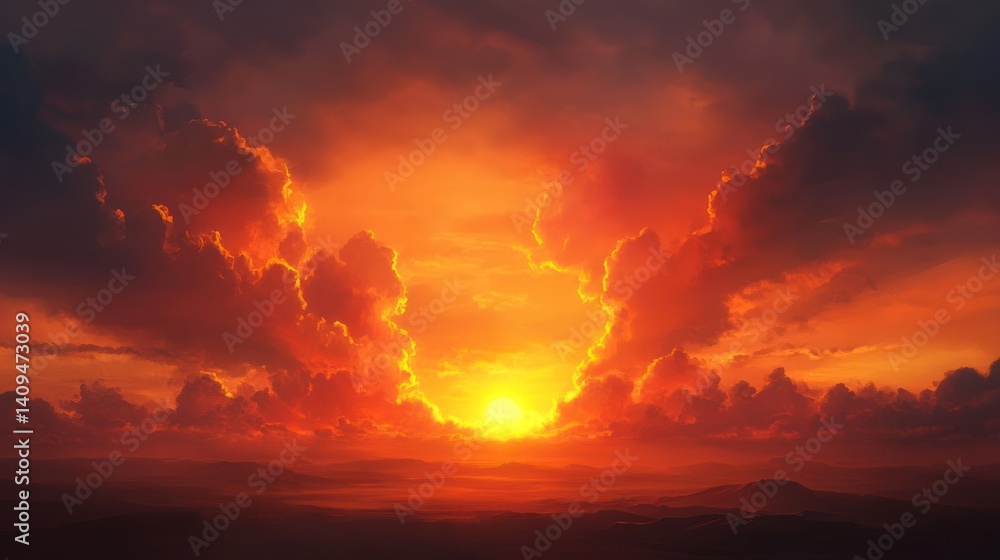 Fototapeta premium Dramatic sunset landscape with fiery clouds and radiant celestial light