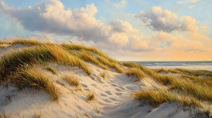 Stickers Plage et Mer Serene coastal dune landscape with golden grass and cloudy sky sea art sand blue calm wind beach  © Honey