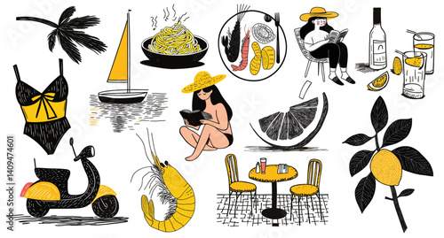 European summer vacation hand drawn doodle style set