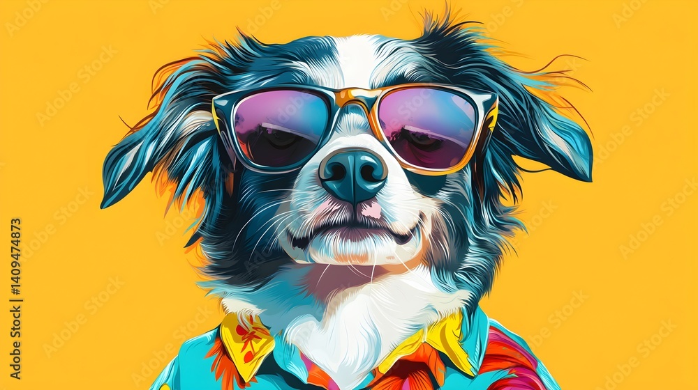 Pop art-style portrait of a funky dog with sunglasses and a bright shirt, cheerful expression Pop art-style portrait of a funky dog with sunglasses and a bright shirt, cheerful expression