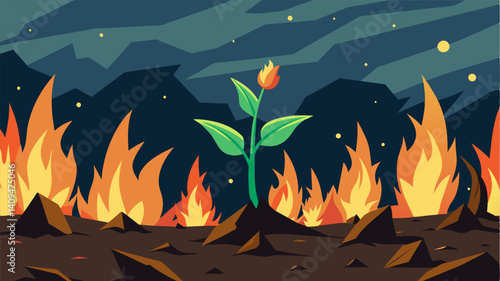 Amidst the burnt crops I could see hints of color peeking through small signs of resilience and new life amidst the destruction.. Vector illustration