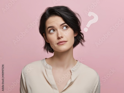 Young woman with short black hair looking up with a questioning expression