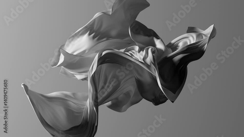 Realistic 3D animation. Minimalist aesthetic background. White fabric waves in the air. Elegant silk cloth flutters in the wind