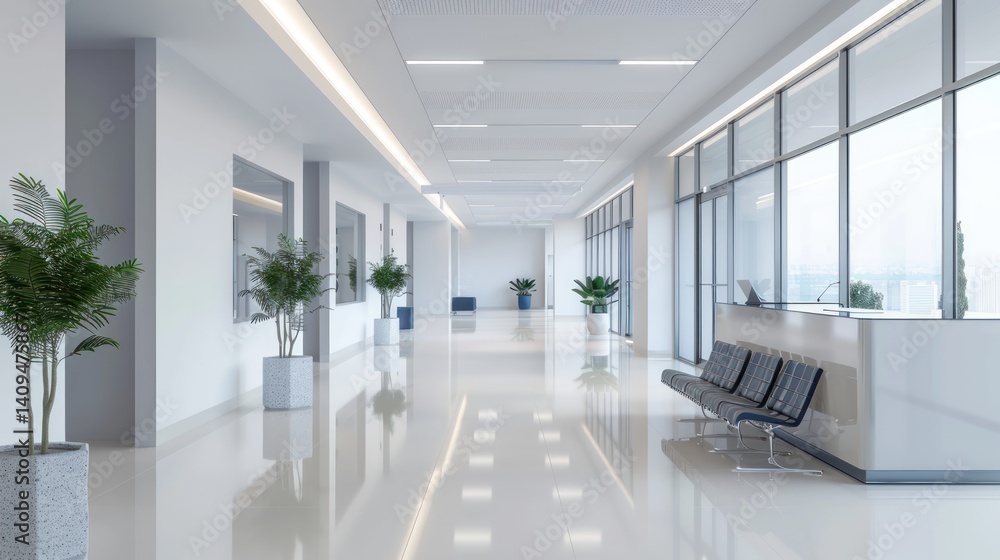 Fototapeta premium Spacious hospital lobby with reception desk and waiting area. minimalist,