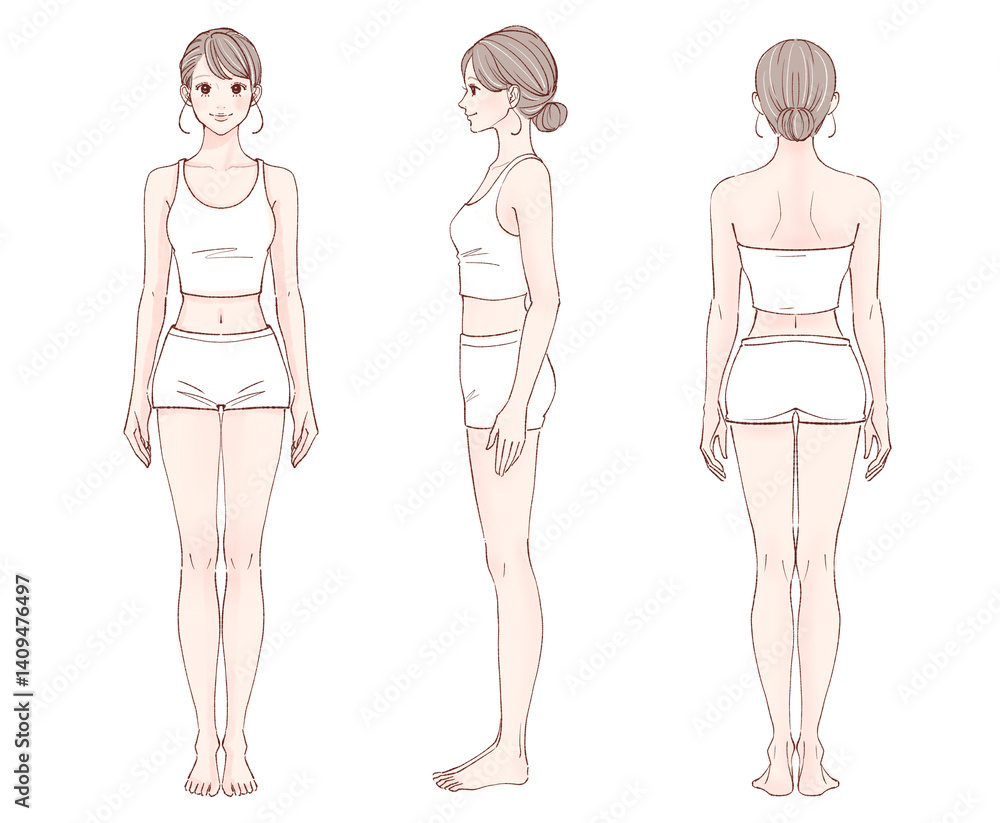 女性全身イラストセット【前・横・後】 女性全身イラストセット【前・横・後】