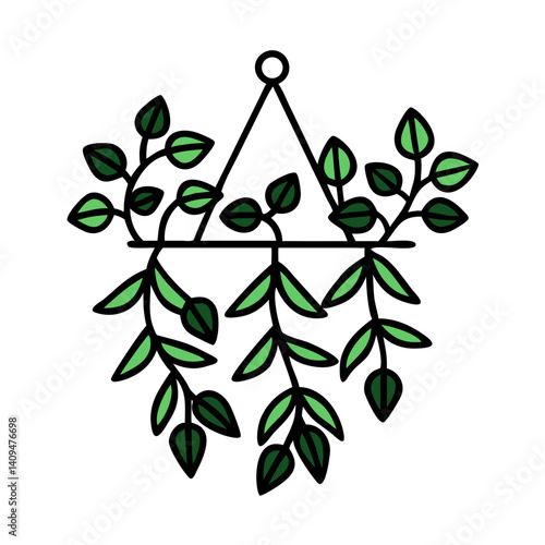 Hanging Bowl Plant with Leaves Icon Representing Indoor Greenery