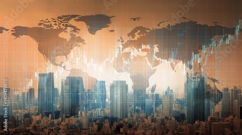 Financial World Map Overlay with City Skyline and Graph Elements