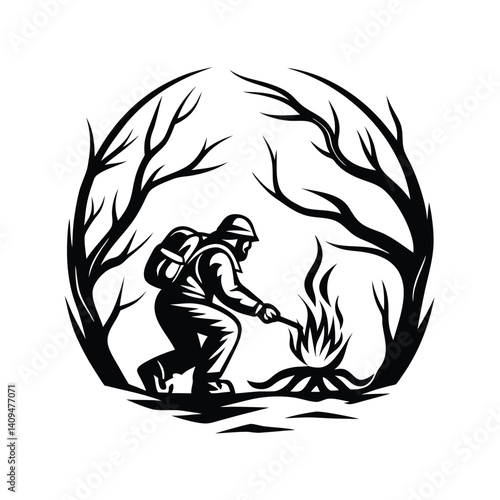 Silhouette Forester Lights Fire; Black and White Round Frame; Forest Tree Branches