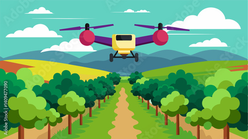 In a vineyard a smart drone is equipped with multispectral sensors that can identify stages of g ripening aiding in determining the best time for harvest.. Vector illustration