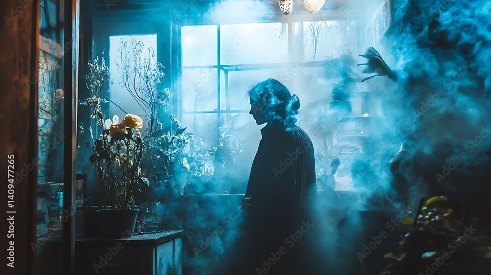 Silhouette of Woman Near Window in Foggy Interior with Blue Lighting and Plants
