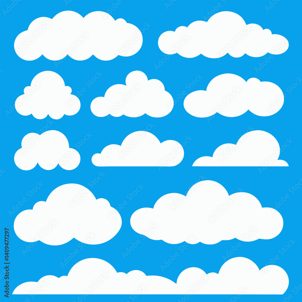 Vector Set of Cartoon Cloud Shapes – Flat White Clouds on Blue Sky Background. Vector Set of Cartoon Cloud Shapes – Flat White Clouds on Blue Sky Background.