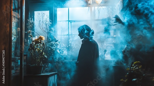 Obraz na płótnie Silhouette of Woman Near Window in Foggy Interior with Blue Lighting and Plants w salonie