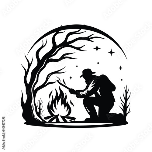 Black silhouette of hiker lighting campfire under starry sky encircled by trees