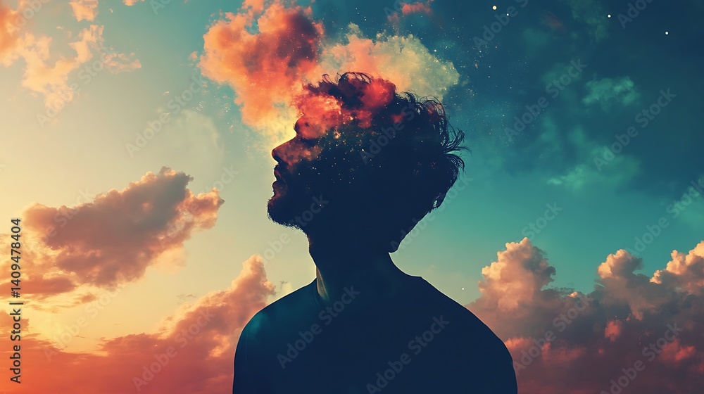 Silhouette Profile Against Sunset Sky With Pixelated Head and Colorful Clouds
