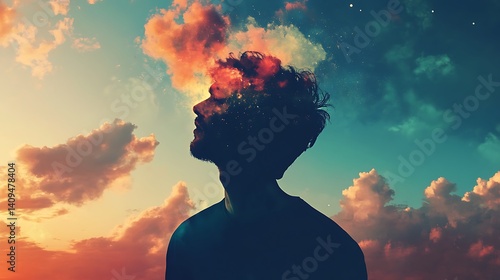 Obraz na płótnie Silhouette Profile Against Sunset Sky With Pixelated Head and Colorful Clouds w salonie