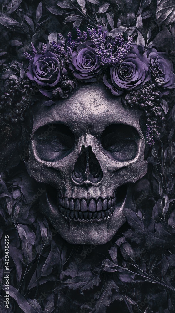 Floral skull portrait in muted tones evoking gothic romance and melancholic beauty Floral skull portrait in muted tones evoking gothic romance and melancholic beauty