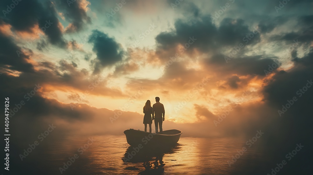 Silhouetted Couple Standing On Boat At Sunset With Reflective Water And Dramatic Sky