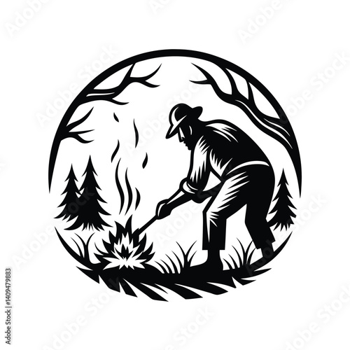 Monochrome Forester with Tool, Forest Inside Circle Border, Outdoors, Wildfire