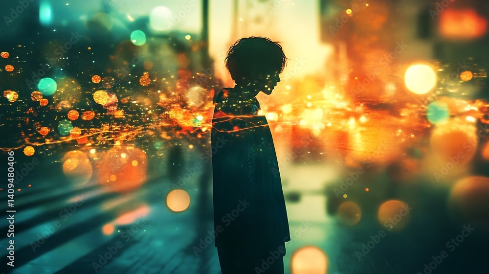 Silhouetted Figure Standing In Front Of City Lights With Geometric Patterns