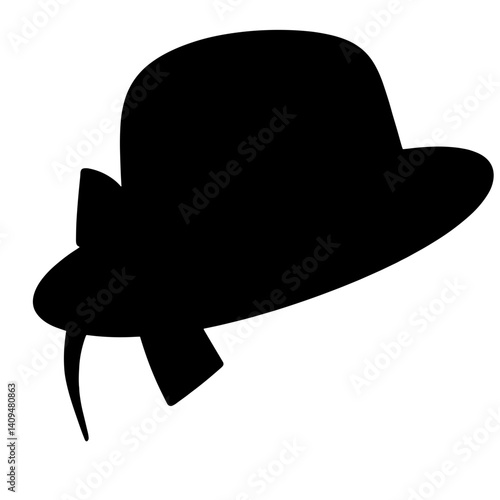 Elegant black silhouette of hat with ribbon on white background, fashion concept