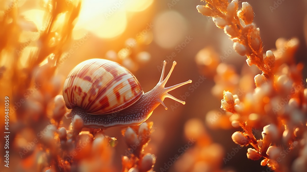 Snail On A Plant With Sunlight Shining On It In A Warm Golden Color