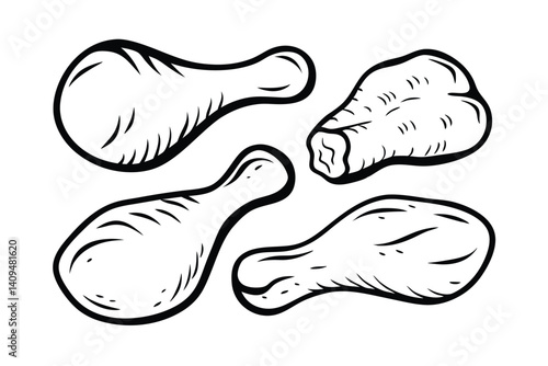 Outline Illustration Of Four Pieces Of Fried Chicken Drumsticks And Wing For Menu Design And Creative Project Purposes