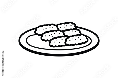 Monochromatic Plate With Cooked Food Vector Illustration In Simplistic Line Art Style Freshly Prepared Meal