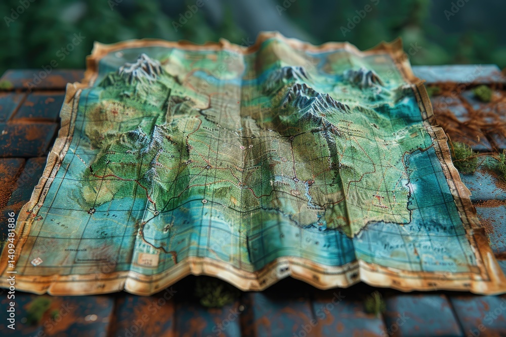 An aged terrain map with mountainous regions is displayed clearly