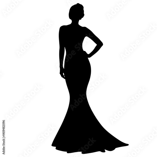 Elegant silhouette wearing evening dress against white background, fashion concept