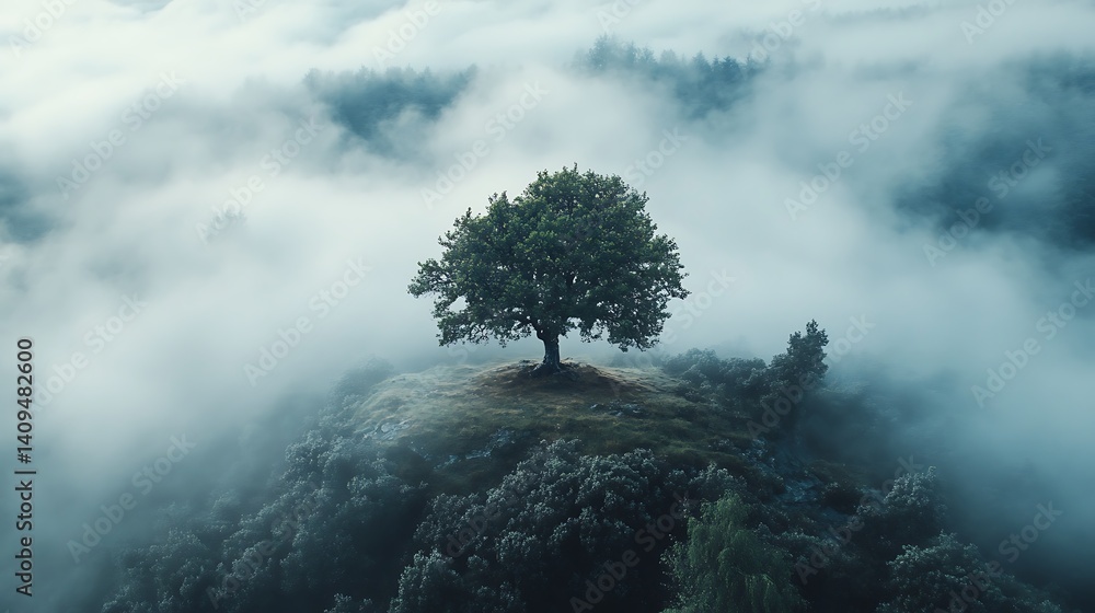 Solitary Tree atop a Rocky Outcrop Surrounded by Dense Fog in a Forest
