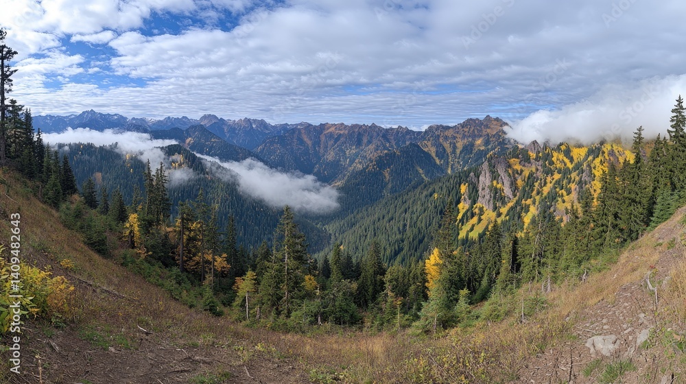 Fototapeta premium Mountain vista showcasing autumn foliage and valley clouds.