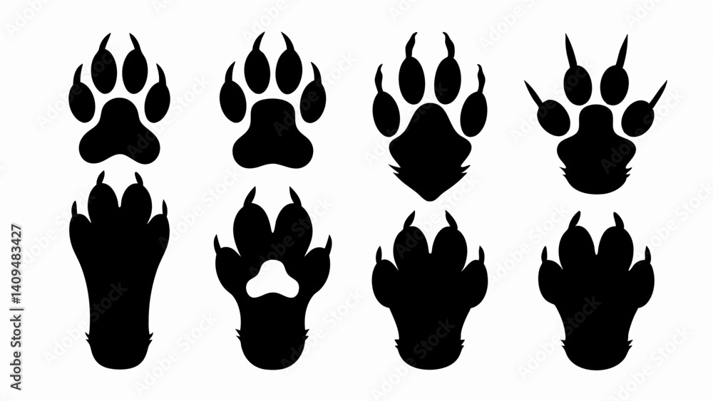 Fototapeta premium set of different animal paw print silhouette vector on white background