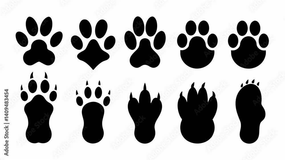 Fototapeta premium set of different animal paw print silhouette vector on white background