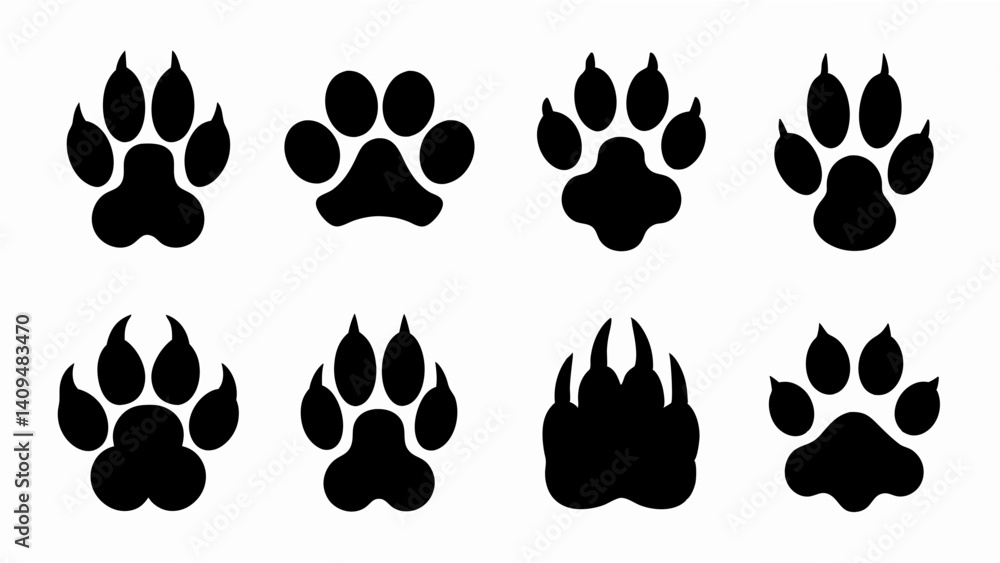 Fototapeta premium set of different animal paw print silhouette vector on white background
