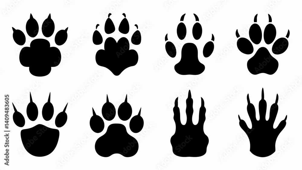 Fototapeta premium set of different animal paw print silhouette vector on white background