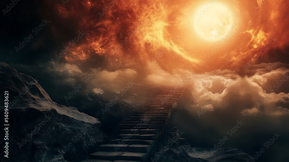 Staircase Leading Through Dramatic Clouds Towards a Glowing Orb in the Sky