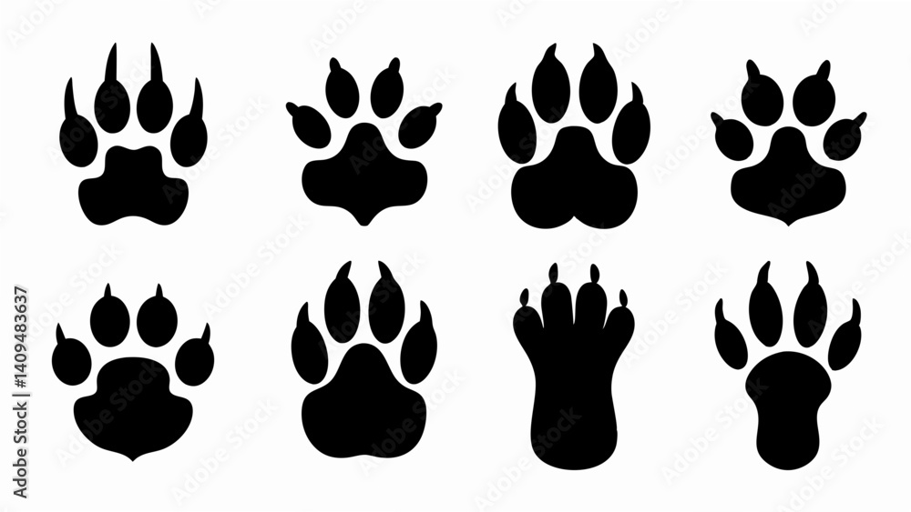 Fototapeta premium set of different animal paw print silhouette vector on white background