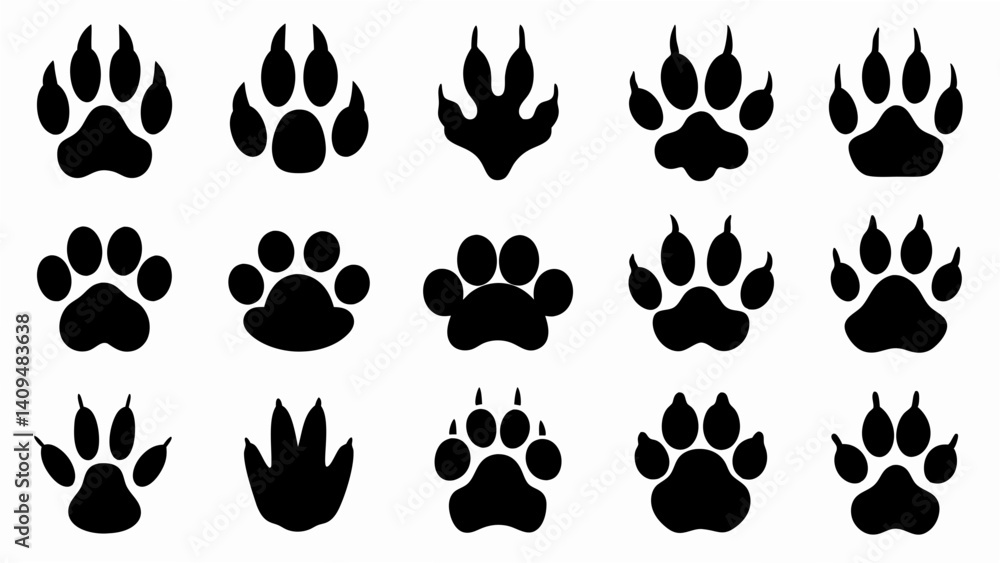 Fototapeta premium set of different animal paw print silhouette vector on white background
