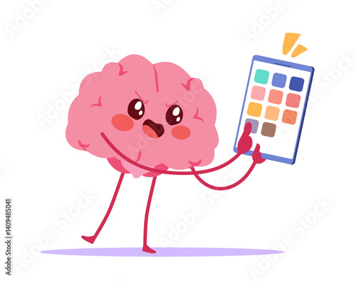 Cartoon vector of a brain character looking captivated by a smartphone, symbolising dopamine release and modern digital addiction. Drawing representing psychological effects of social media
