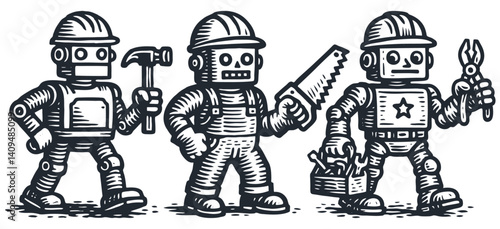 Vector set of three robots wearing hard hats and holding tools like a hammer, saw, and pliers. Construction, engineering, or robotics themed design.