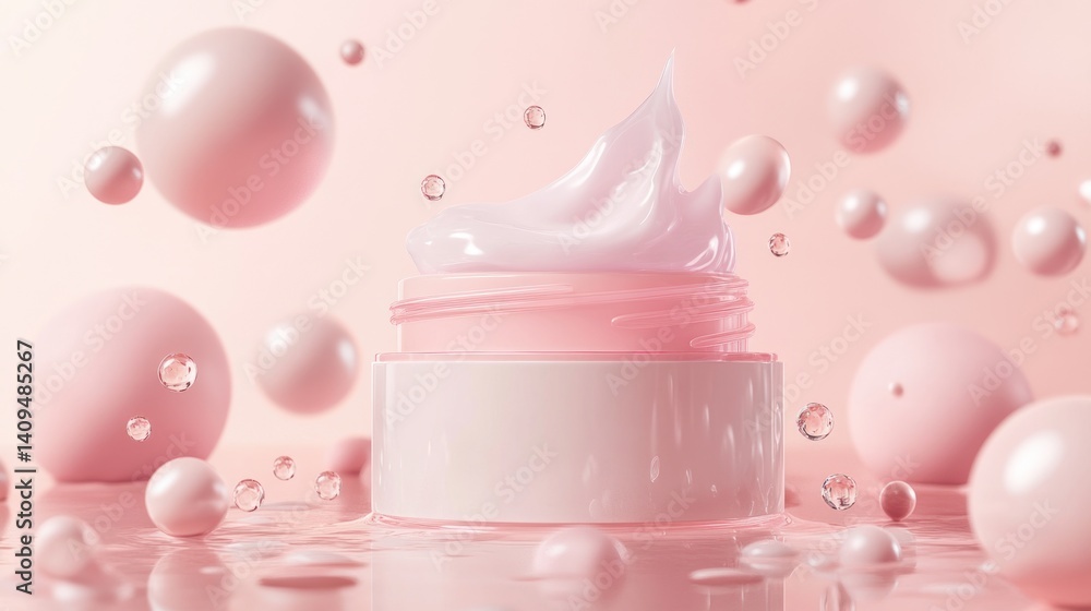 Pink cream jar with swirls of moisturizer, surrounded by floating spheres and droplets on a pink background. Pink cream jar with swirls of moisturizer, surrounded by floating spheres and droplets on a pink background.