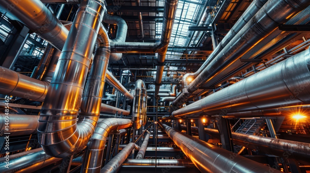 Fototapeta premium Industrial pipes and structures inside a power plant.